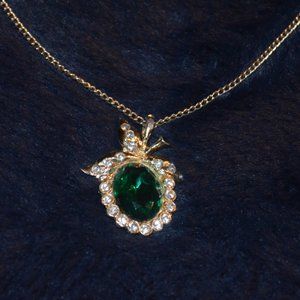 Vintage Necklace Pendant Green Apple Emerald White Crystals Golden Colors Chain